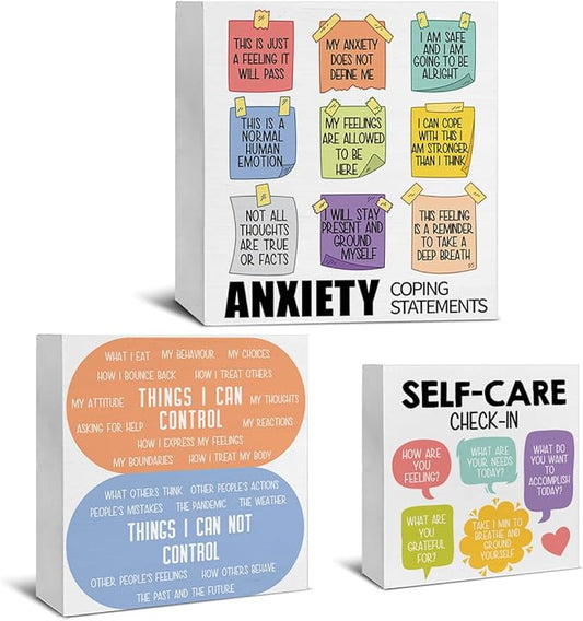 3 Pcs Mental Health Wood Signs Decor Psychology Wood Block Signs Anxiety Coping Statements Things I Can Control Self Care Wooden Box Signs Home Therapy Office Decorations for Tiered Tray Desk Shelf