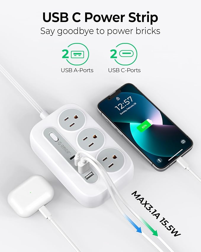 ORICO Surge Protector Power Strip, Multiple Outlets Extension Cord with 6 AC Outlets 2 USB-A and 2 USB-C Ports, 5 ft Flat Plug Power Strip, Mountable Outlet Extender for Dorm/Office/Home- OG