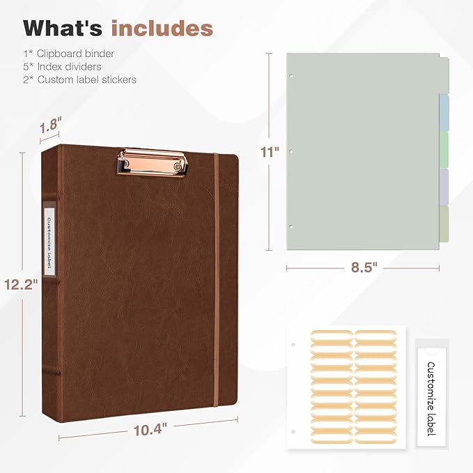 Ospelelf 3 Ring Binder with Clipboard, 1 Inch Leather, Brown, Letter Size (8.5" x 11"), 5 Tab Dividers