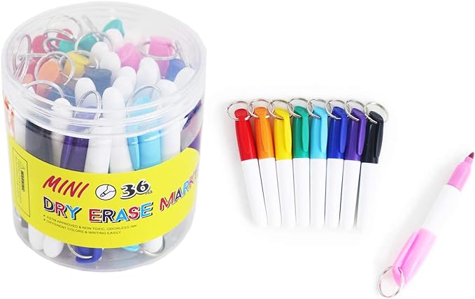 SKKSTATIONERY 36-Pcs Mini Dry Erase Markers with Key Ring, Whiteboard Markers, Marker Pens 3.5'', Markers