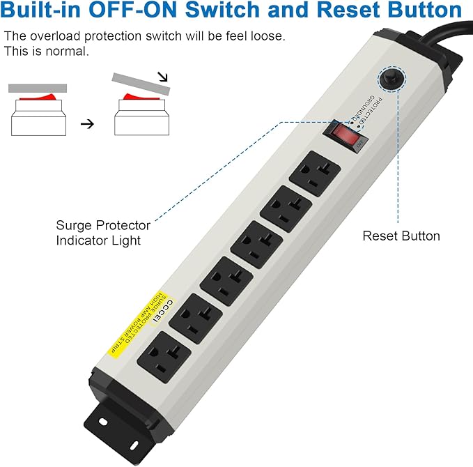 CCCEI 2 of 12 Gauge Heavy Duty Power Strip Surge Protector 4800J, 20 Amp 6 Plug Industrial Shop Garage Metal Multiple Outlet, 10FT Extension Cord 5-15P Adapter High Amp 6-20R T-Slot 20a for Appliance.