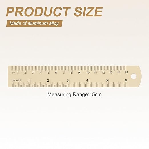 HARFINGTON 4pcs Metal Straight Ruler 15cm Metric SAE Aluminum Alloy Measuring Rulers Scale Tool with Hole for Measure Study Reading Classroom Office, Beige