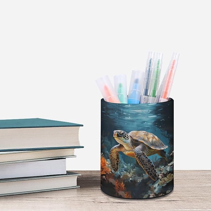 Sea Turtle Pen Holder Pencil Organizer Cute Pencil Cup Desk Decor Makeup Brush Holder PU Multifunctional Office Suppliesfor Home Classroom School