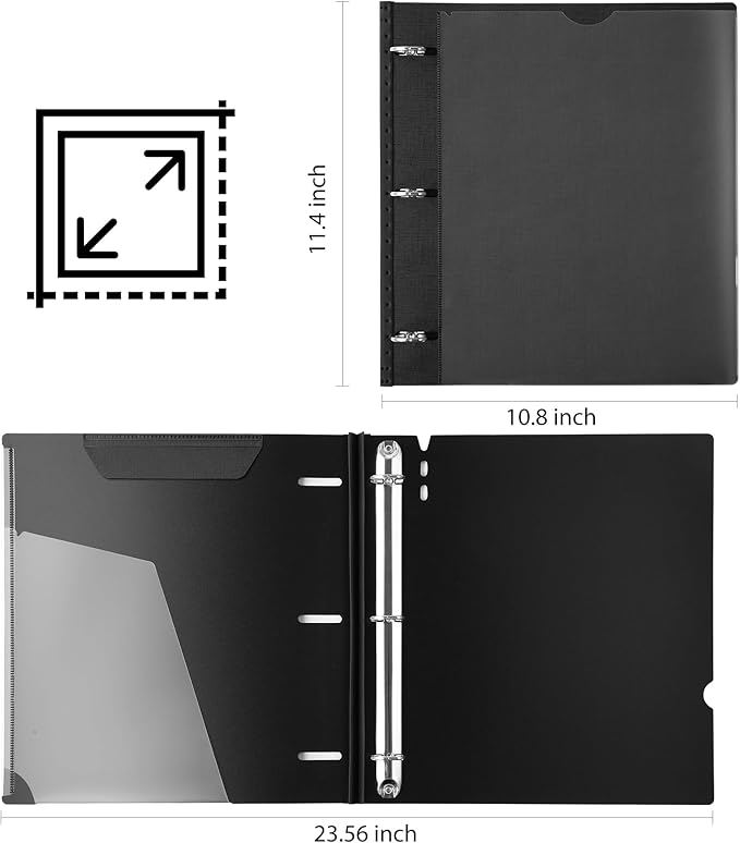 WOT I 1 Inch Telescoping 3 Ring Binder 12-Pack, Expandable Flexible Binder with Customizable Front Cover & Clear Catalog Pocket, Holds 225 Sheets, School Office Supplies, Black+White