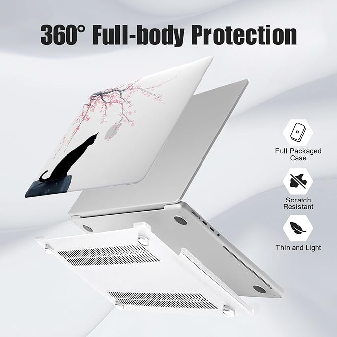 DTangLsm for MacBook Air 13 inch Case 2025 2024-2022 M4 M3 M2 A3240 A3113 A2681, Cute Plastic Hard Shell Cover for MacBook Air 13.6 inch Case Cat Mac Book Air M4 Cover+Keyboard Skin, Black Cat Flowers