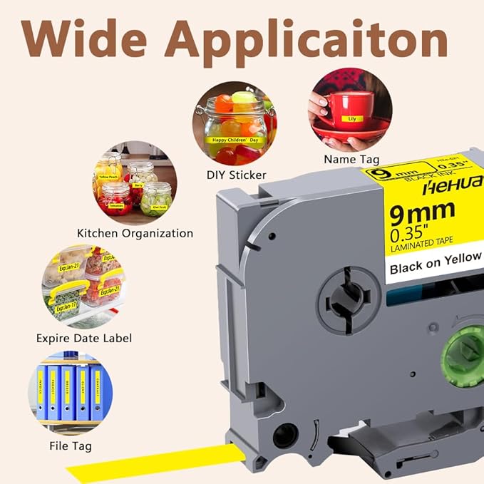 Hehua Tape Tze Tz 9mm 0.35 Laminated Yellow Compatible for Brother P-Touch TZe-621 TZe621 TZ-621 TZ621 Tape for Ptouch PT D210 D220 D200 D610 H110 1880, 3/8'' x 26.2ft Black on Yellow, 3 Pack