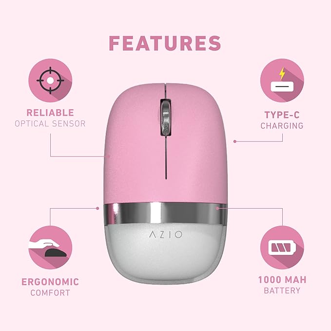 Azio IZO Wireless Optical Mouse - Bluetooth 3.0 & 5.0/2.4G RF-USB, Ambidextrous Design, PixArt PAW3212 Sensor, 1000/1600/2400 DPI, Rechargeable, PC & Mac