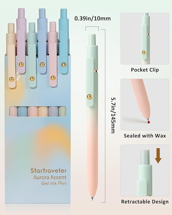 FIOVER Gel Pens, 6 Pcs 0.7mm Comfort Grip Quick Dry Black Ink Pens Fine Point Smooth Writing Pens, Cute Office Back to School Supplies Gifts for Women (12PCS Gradient Black Ink)