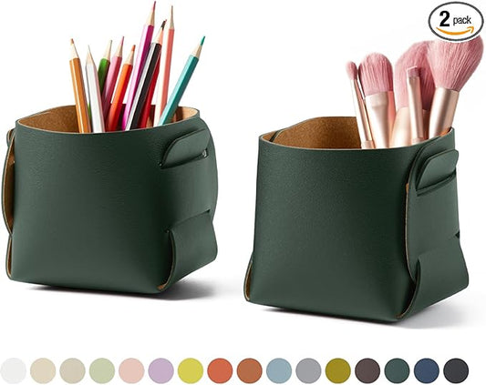 HOMIEAZICOZI 2-Pack Cork Leather Desk Accessories Storage - Pencil Pen Holder - Makeup Brush Holder Organizer - Stylish Addition to Home Decor (Dark Green)