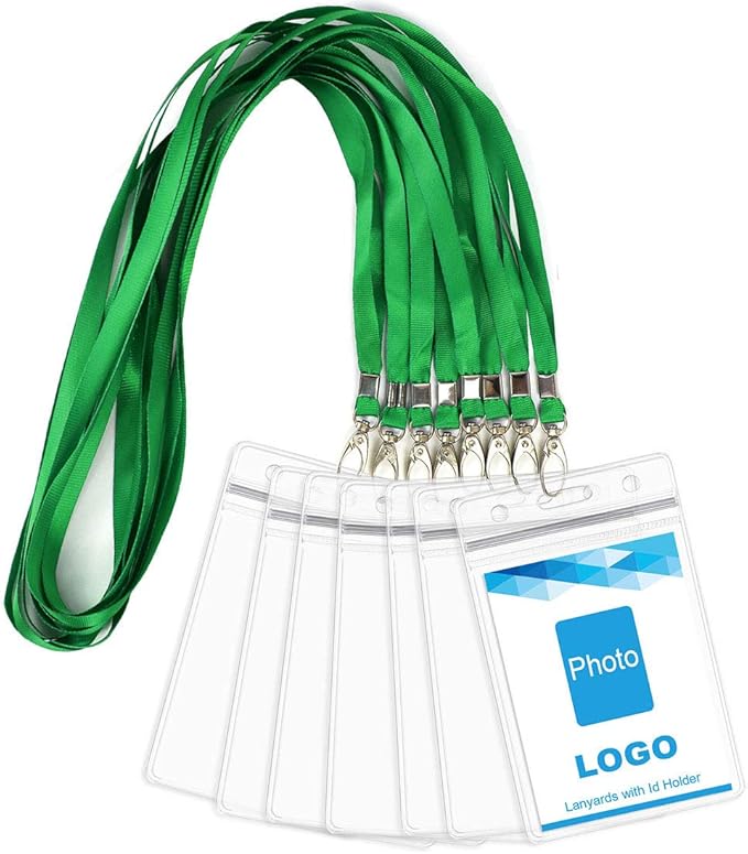 Lanyard with ID Holder 50 Pcs Waterproof Name Tag Badge ID Card Holders ID Pass Holder and 50 Pcs Flat Neck Lanyards Swivel Hook (Green, Vertical)