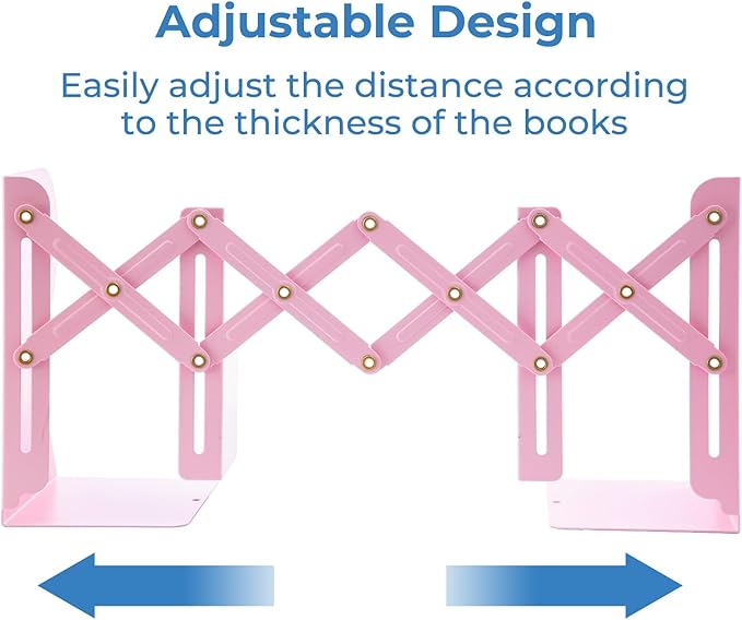 M&G Adjustable Bookends Book Ends for Shelves, Metal Bookend for Heavy Books, Desk Magazine File Organizer Holder Extends up to 20in, Book Stopper for Home, Office, Classroom (Pink)
