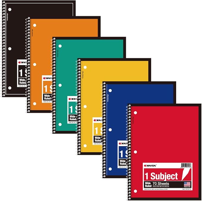 KAISA 1-Subject Wirebound Notebook Spiral Note Book, 8x10.5inch Wide Ruled 70sheets/pad Wire Notebooks Office School Supplies for Students Office, Pack of 6Pads, S07001W