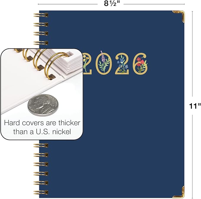HARDCOVER 2026 Planner, 8.5"x11": 14 Months (November 2025 - December 2026), Daily Weekly Monthly Planner, Yearly Agenda, Bookmark, Pocket Folder and Sticky Note Set (Navy Gold Numbers)