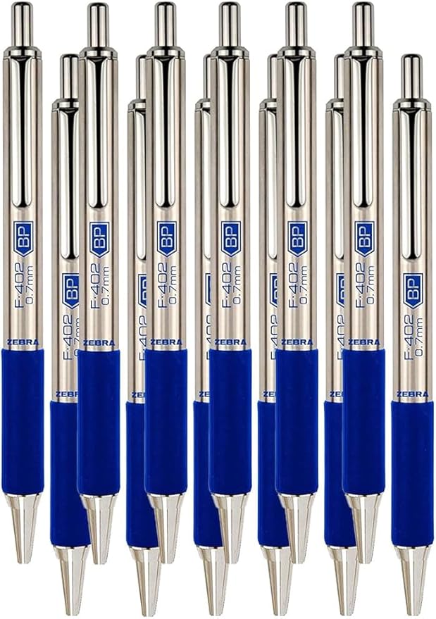 Zebra F-402 Ballpoint Stainless Steel Retractable Pen, Fine Point, 0.7mm, Blue Ink, 12-Count Bundle with Plastic Reusable Pouch