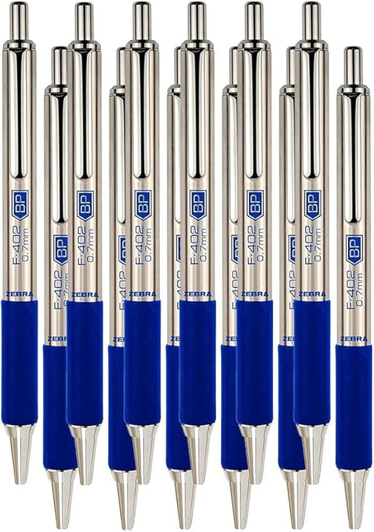 Zebra F-402 Ballpoint Stainless Steel Retractable Pen, Fine Point, 0.7mm, Blue Ink, 12-Count Bundle with Plastic Reusable Pouch