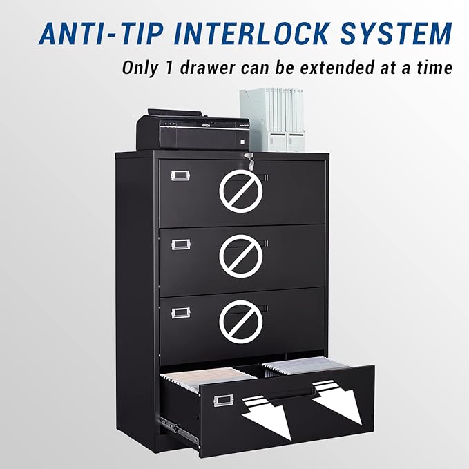 Lateral File Cabinet with Lock, 4 Drawer Large Metal Filing Cabinet,Home Office Lockable Storage Cabinet for Hanging Files Letter/Legal/F4/A4 Size-Assembly Required