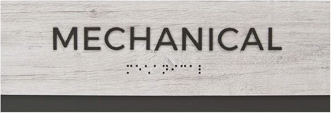Mechanical Sign with Braille/Small Business Easy Adhesive Mount Door And Wall Sign / 3" x 9" Sign/Silver Woodgrain