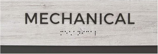 Mechanical Sign with Braille/Small Business Easy Adhesive Mount Door And Wall Sign / 3" x 9" Sign/Silver Woodgrain