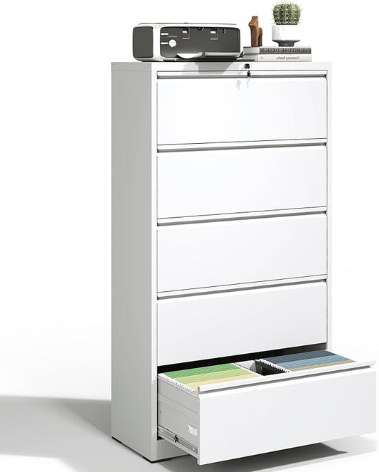 5 Drawer Lateral File Cabinet with Lock, Metal Filing Cabinets for Home Office, Steel Storage Wide File Cabinet for Letter/Legal/F4/A4 Size with Hanging Bars, Assembly Required (White)