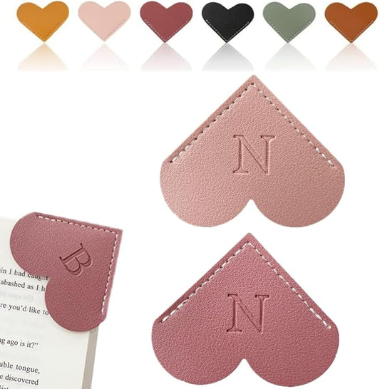 Personalized Leather Heart Bookmark, 26 Letters Customized Corner Book Mark for Reading Women, Book Marker with Initials，Cute Gifts (Light Pink+Deep Pink, N)