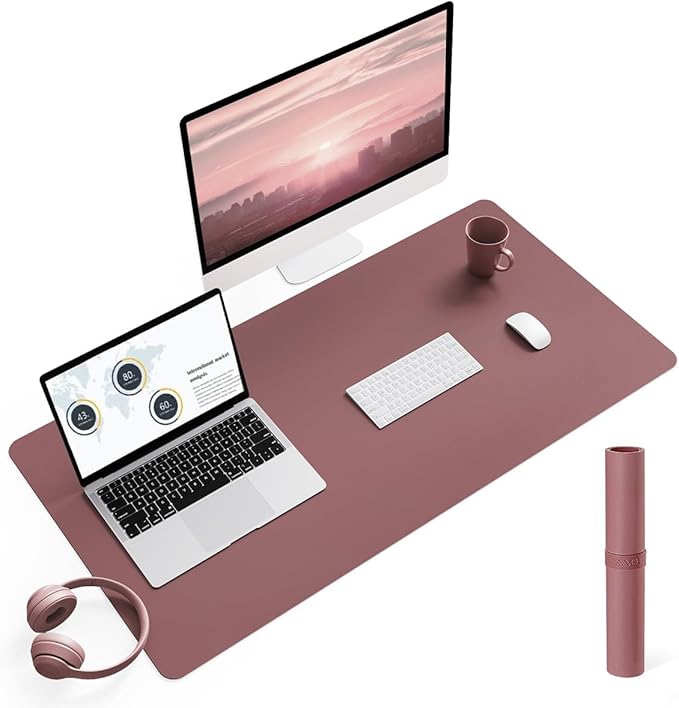 YSAGi Non-Slip Leather Desk Pad L Size, Waterproof Laptop Computer Desk Keyboard Mat, Table Protector Blotter Mat, Large Mouse Pad for Office/Work/Home/Decor(Dark Pink, 35.4" x 17")