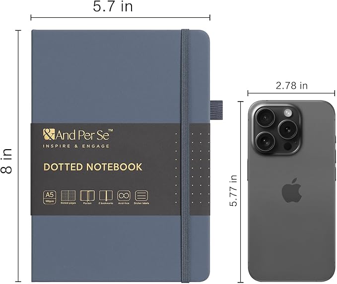 &And Per Se Dotted Journal Notebook, A5 Hardcover Bullet Dotted Journal, 160 Pages 100 gsm Thick Paper, 3 Sheets of Stickers Included - 5.7'' x 8''（Dark Blue）
