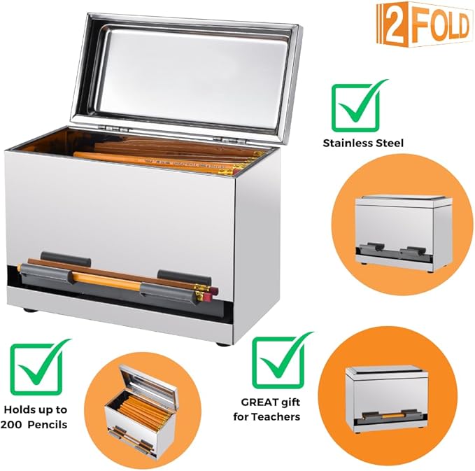 2Fold Pencil Dispenser for Classroom - Stainless Steel Bulk Pencil Holder for Desk - Includes Removable Label Stickers - Teacher Must Haves for Organization - Holds up to 200 Pencils (Silver)