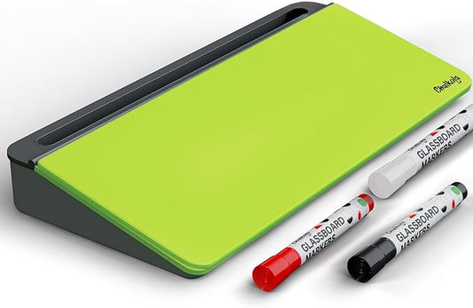 Chalkola Neon Green Glass Desktop Whiteboard with Storage - Dry Erase Board, Work Desk Organizers, Computer Keyboard Stand, Home Office Desk Accessories, Workspace Desktop Buddy + 3 Markers
