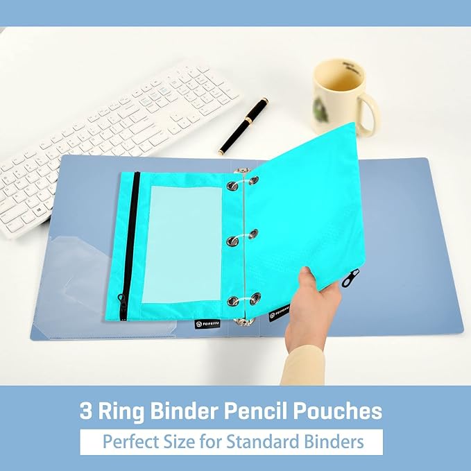 Gredecor Binder Pencil Pouch 3 Ring Cyan Zipper Pencil Pouches Case 2 Pack Clear Binder Organizer for School Office
