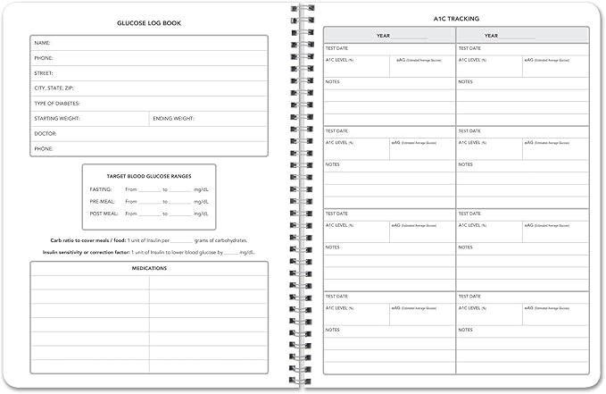 BookFactory Glucose Log Book/Glucose Monitoring Logbook/Personal Medical Tracking Notebook - 104 Pages, 8.5” x 11”, Wire-O (LOG-104-7CW-PP(Glucose-Log))