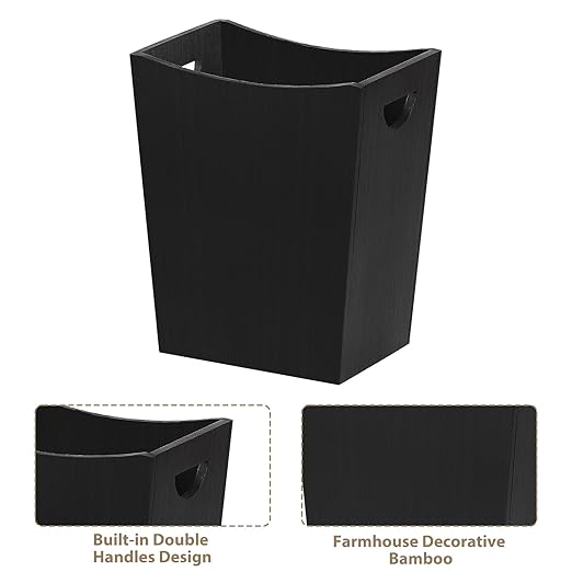 SEHERTIWY Wood Trash Can, Farmhouse Wastebasket Bin for Bathroom, Office, Bedroom, Living Room, Small Square Rustic Garbage Container (Wood-Black)