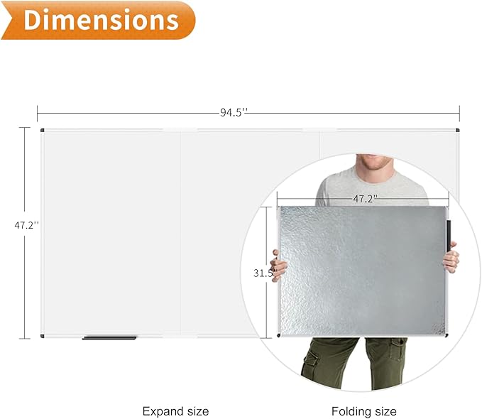 VIZ-PRO Large Magnetic Whiteboard/Foldable Dry Erase Board, 96 X 48 Inches, Wall Mounted White Board for School Office and Home 8' x 4'