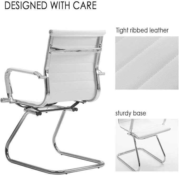 Reception Chairs Leather Conference Chairs No Wheels Back Support Heavy Duty Office Guest Chair, Set of 2 (White)