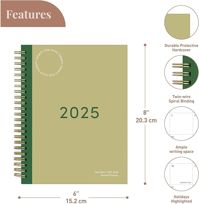 Rileys & Co 2025 Simple Weekly Planner - Annual Weekly & Monthly Agenda Planner, Jan - Dec 2025, Hardbound Cover, Notes Pages, Twin-Wire Binding (6 x 8-Inches, Green)