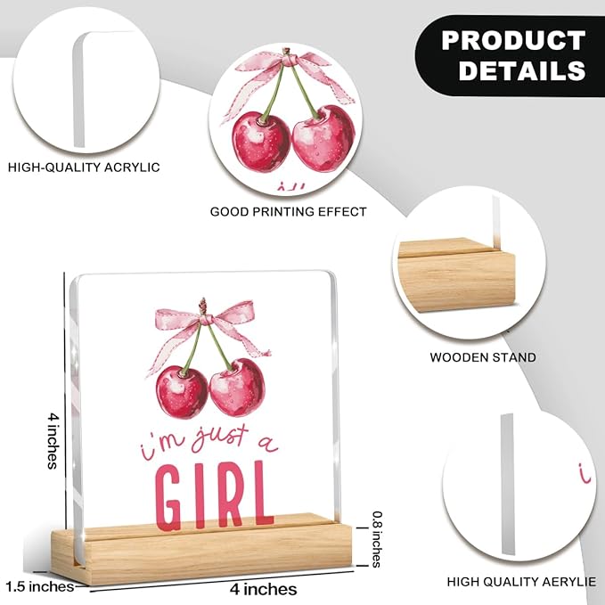 Preppy Coquette Cherry Gifts Pink Girl Room Decor for Cherry Lover Bow Sign Acrylic Sign Plaque Table Decorations for Home Farmhouse Bedroom