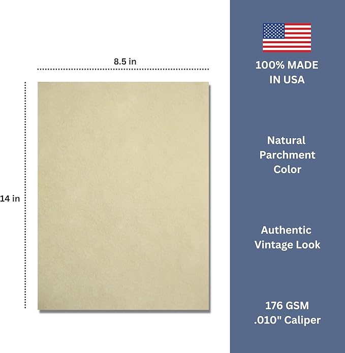 50 Natural Parchment 65lb Cover Paper Sheets 8.5X14 Inches Cardstock Weight Colored Sheets 8.5" X 14" (8.5X14 Inches) Legal|Menu Size - Printable Old Parchment Semblance