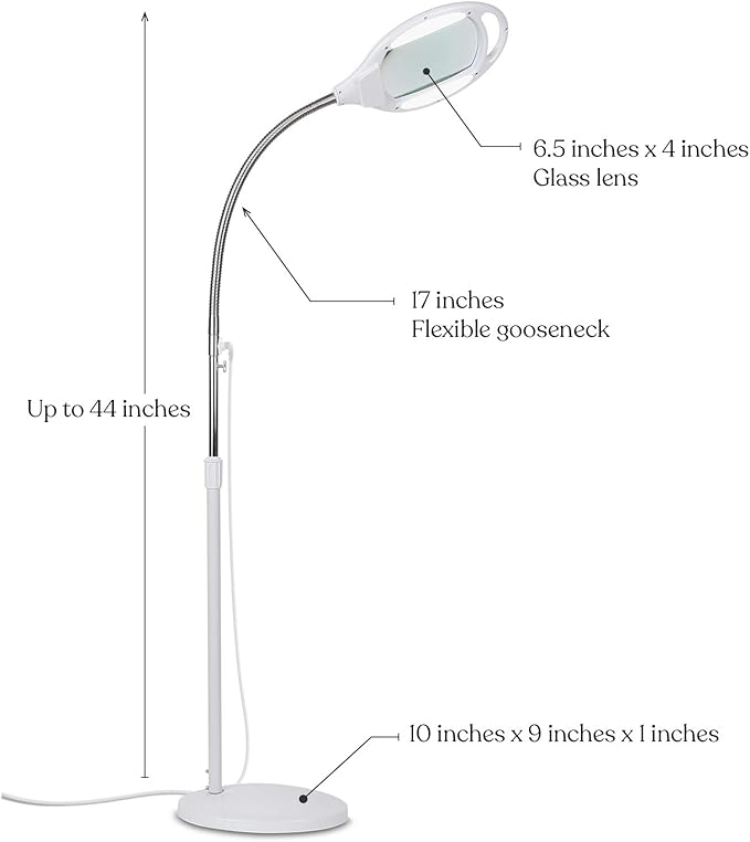 Brightech LightView Pro LED Magnifying Floor Lamp - Daylight Bright Full Spectrum Magnifier Lighted Glass Lens - Height Adjustable Gooseneck Standing Light - for Reading Task Craft Lighting - White