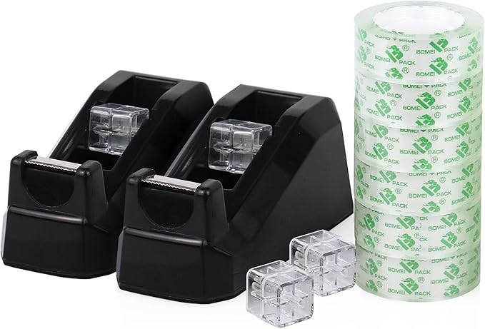 BOMEI PACK Transparent Tape Dispensers Desk, 2 Pack Black with 6Rolls Transparent Tape, 1 Inch Core, for Gift Wrapping, School, Office and Home