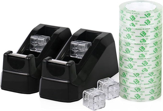BOMEI PACK Transparent Tape Dispensers Desk, 2 Pack Black with 6Rolls Transparent Tape, 1 Inch Core, for Gift Wrapping, School, Office and Home