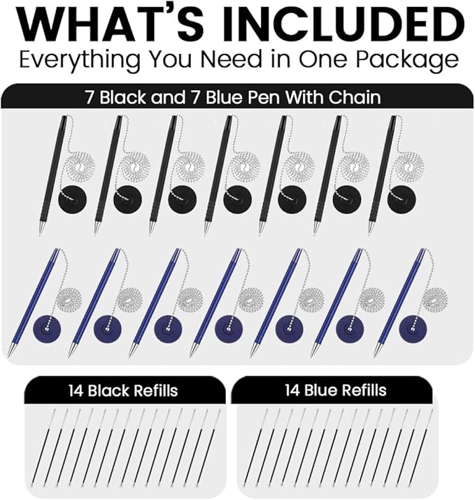 Secure Pen with Adhesive Pen Chain Holder 23-Inch Chain (42 Pieces) | 7 Black Pens and 7 Blue Pens with 14 Black & 14 Blue Refills | Counter Pens with Chain & Base