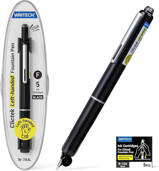 WRITECH Fountain Pen Left Handed: Retractable Style Black Ink Set Fine Nib, Includes 5 Ink Cartridges for Smooth Writing Calligraphy Journaling