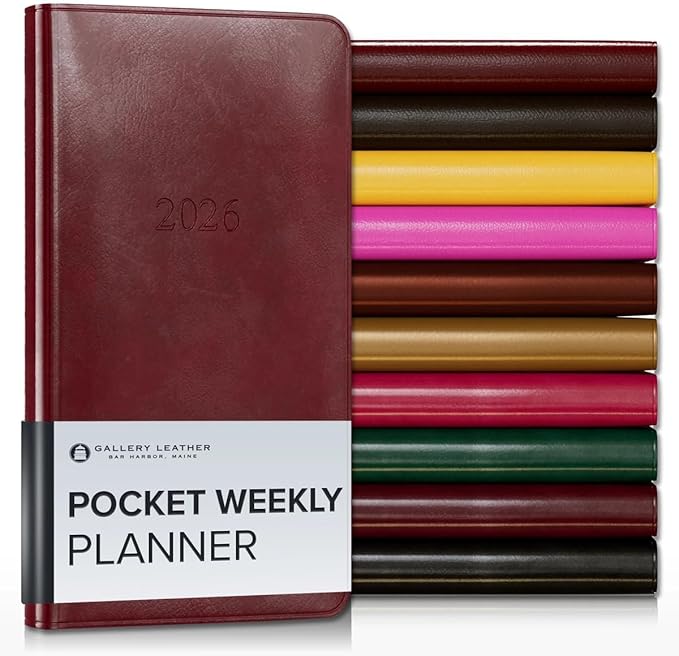 Gallery Leather Pocket Weekly Monthly Planner 2025-2026, Elegantly Bound Calendar Planner and Notebook with Stylish Gold-Gilded Page Edges, 12 Months - Acadia Deep Red - 6 x 3.25 "