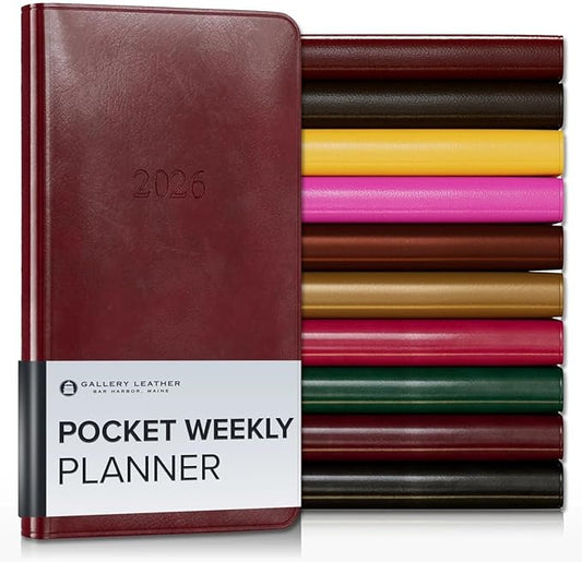 Gallery Leather Pocket Weekly Monthly Planner 2025-2026, Elegantly Bound Calendar Planner and Notebook with Stylish Gold-Gilded Page Edges, 12 Months - Acadia Deep Red - 6 x 3.25 "