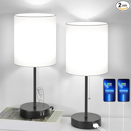 Table Lamps Set of 2 with USB Charging Ports, White Bedside Lamps with AC Outlet, Nightstand Lamps with Pull Chain Switch, Minimalist Modern Desk Lamps with Fabric Shade for Living Room Bedroom Office
