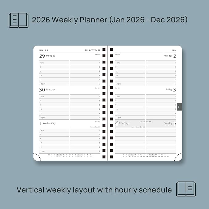 POPRUN 2026 Planner (Pocket Size 4''x 6.25'' Wire-Bond Hard Cover) Calendar Weekly and Monthly (Jan.2026-Dec.2026) Small Planner with Hourly Time Slots, for Purse, 100 GSM - Pacific Green