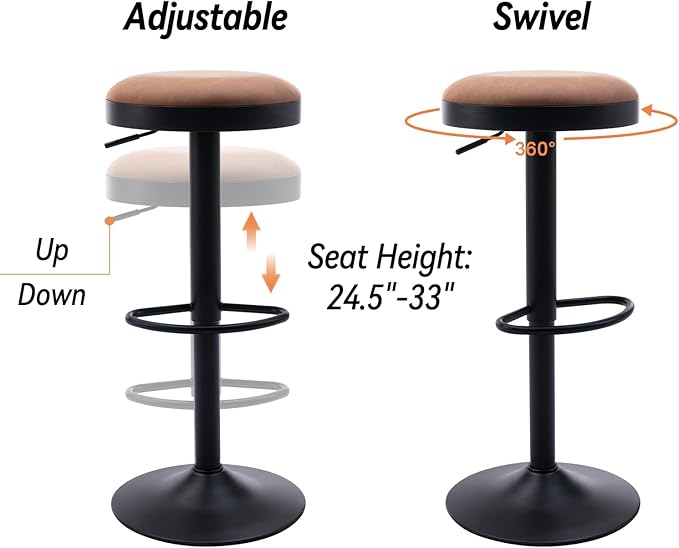 Round Swivel Counter Height Bar Stools Set of 2 Modern Adjustable Barstools Backless PU Leather Bar Chairs Industrial Island Chairs with Metal Base/Footrest for Kitchen Island/Pub/Bar, Brown