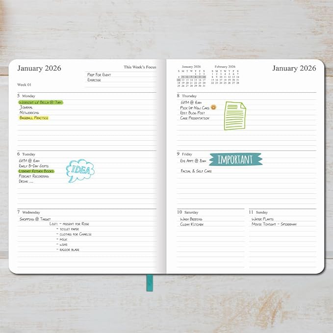 2025-2026 Planner - Weekly and Monthly Planner, Oct 2025 to Dec 2026, Vegan Leather Cover, Elastic Closure, 7”x9.25”, Teal