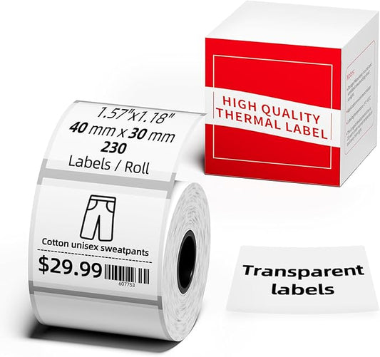 M100 Clear Thermal Label 1.57'' x 1.18'' (40 x 30 mm), Multi-Purpose Adhesive Transparent Thermal Labels Compatible with Label Maker M110/ M220/ M221/ M120/ M260/M150/M250, 230 Labels/Roll