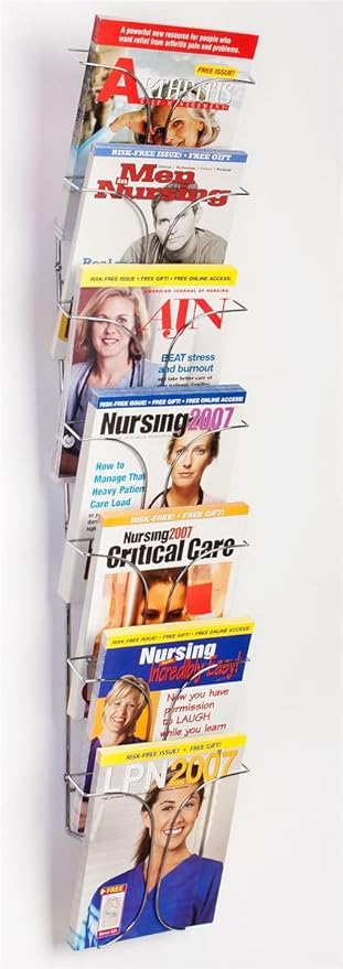 Displays2go Set of 2 - 7-Pocket Wire Magazine Rack with Vertically-Stacked Pockets, Wall Mounted Literature Holder for 8.5x11 Catalogs - Chrome Finish