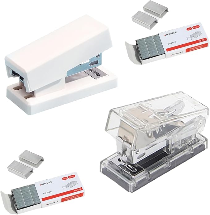 Mini Stapler, Portable Stapler, with 1000 Standard Staples, Suitable for Home Office, for Work and Study Use (White+Clear)